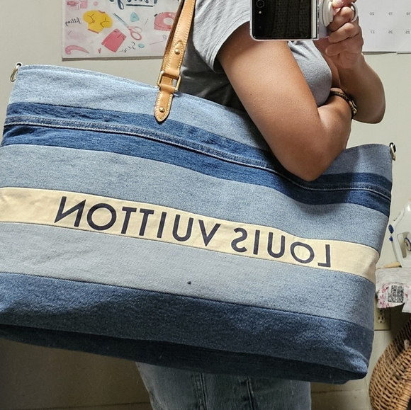 ❌️Sold❌️Repurposed Upcycled XL Denim Tote bag made with authentic LV straps etc. - Picture 12 of 15